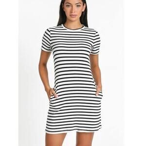 Reformation Ceto Stripe Charli Ribbed Knit Pocket T‑Shirt Dress Black White Sz S